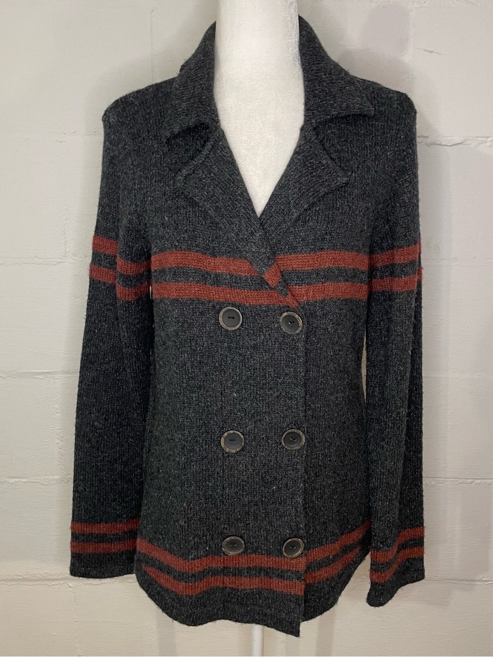 Ruff Hewn Charcoal Knit Double-Breasted Cardigan with Rust Stripes